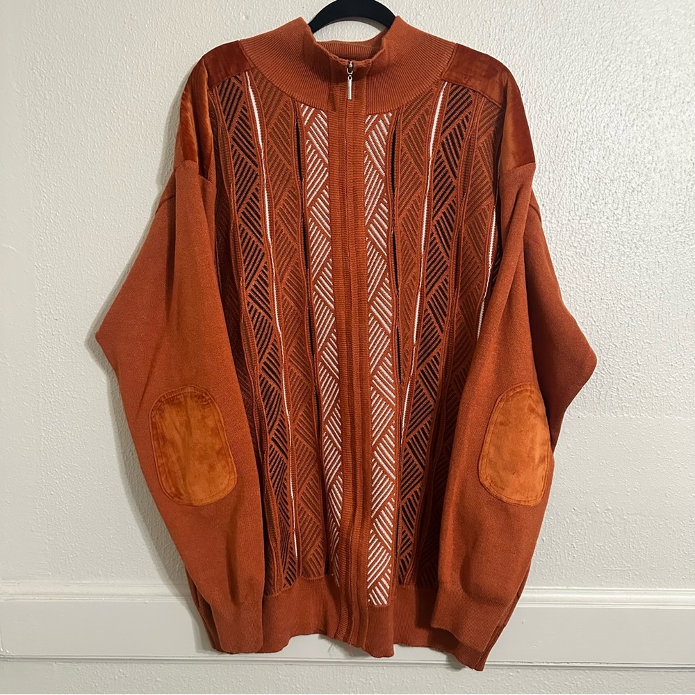 Michael 88 Irvin Men's Orange Zip up Sweater with Geometric Pattern